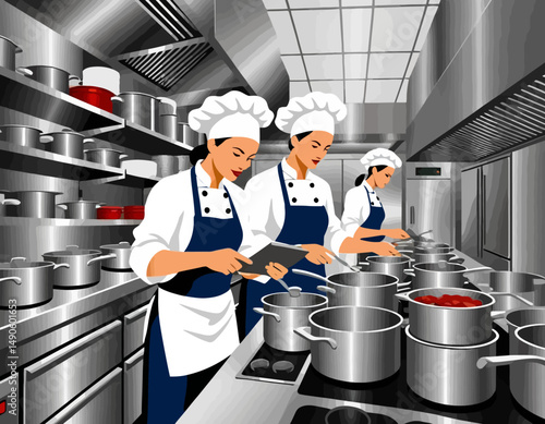 Professional chefs cooking in a commercial kitchen-Culinary experts preparing meals with precision-Female chefs in a stainless steel restaurant kitchen-Gourmet food preparation