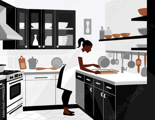 Woman Preparing Food in Modern Kitchen-Cooking and Baking at Home-Black and White Kitchen Design-Home Chef Lifestyle-Kitchen Scene-Culinary Arts-Food Prep-Domestic Life