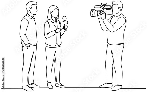 A person is interviewed by a reporter while cameraman records them, professional media setting