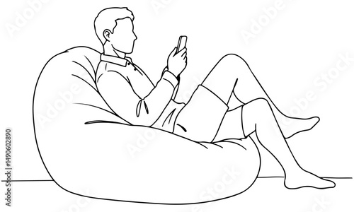 A person is sitting on a bean bag with looking at mobile phone, line art drawing. vector illustration