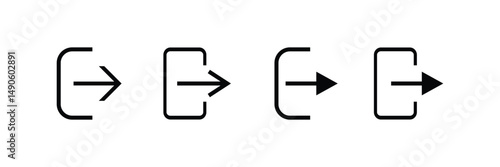 Logout button with arrow inside rounded rectangle set, black outline flat vector style, minimalist logout symbol collection for web mobile UI UX interface, modern sign out button design collection