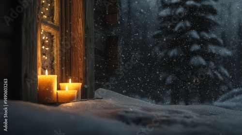 Snow gently falling outside a cottage window, while a candle trio glows inside.