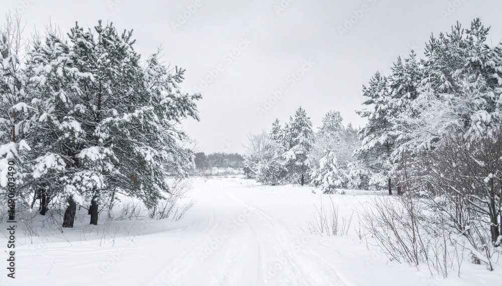 Fototapeta premium Snowy Winter Landscape With Pine Trees And Path