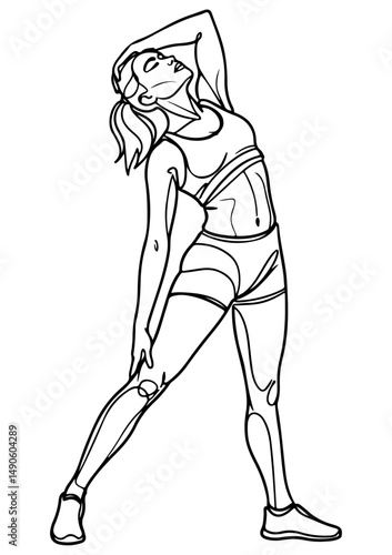 Beautiful women is doing stretching exercise and standing with legs apart, line art drawing. vector illustration