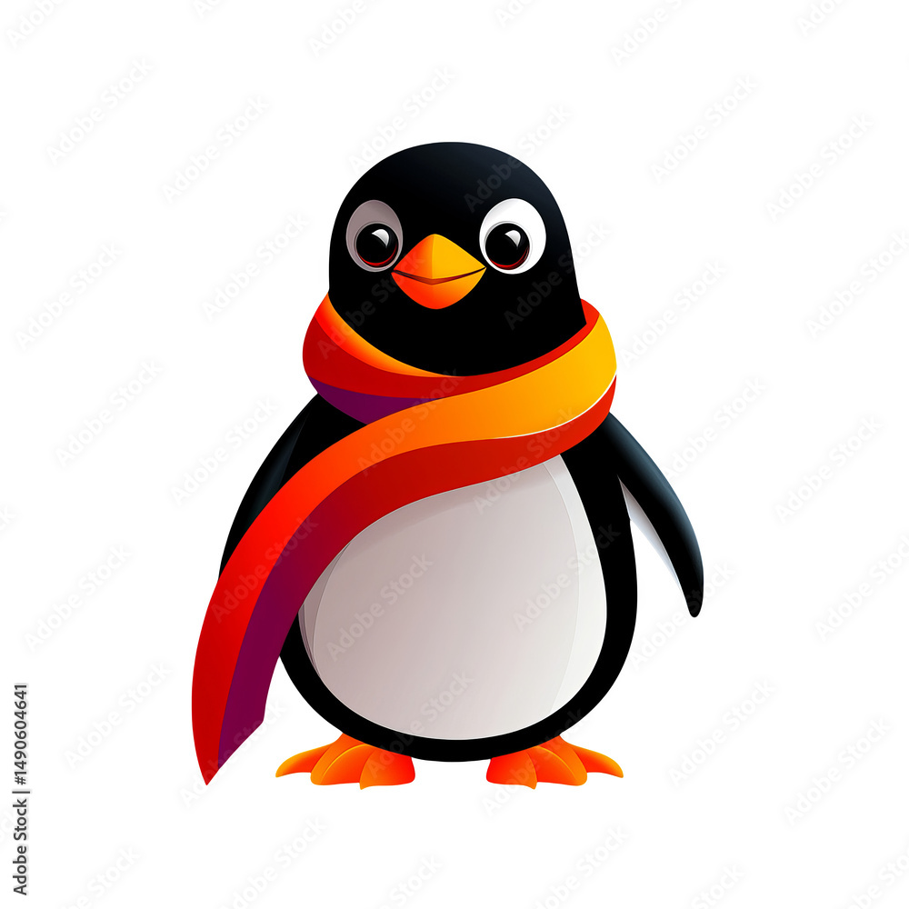 Obraz premium Cute cartoon penguin wearing colorful scarf stands cheerfully. vibrant colors add playful touch
