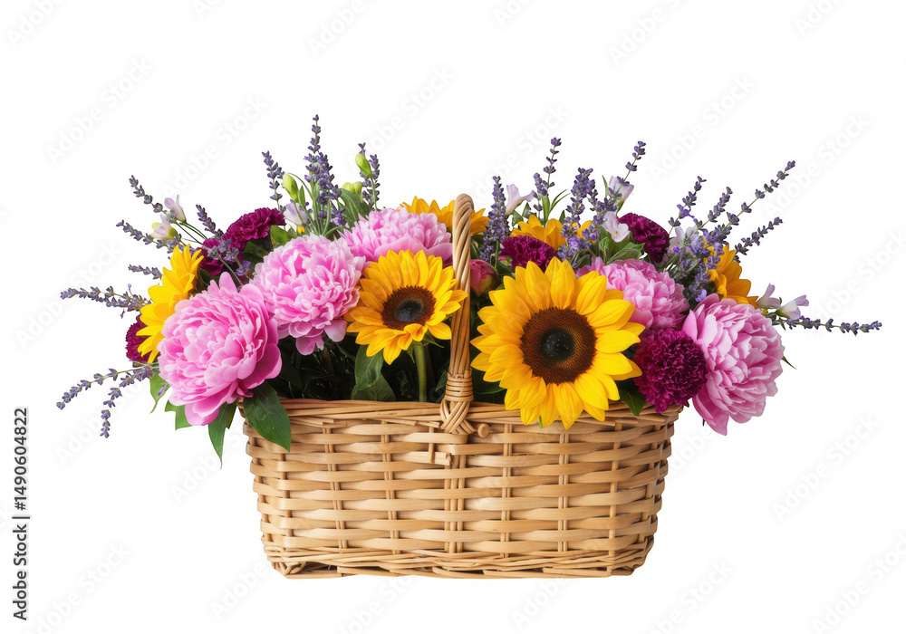 Fototapeta premium Basket with sunflowers and peonies isolated on transparent background