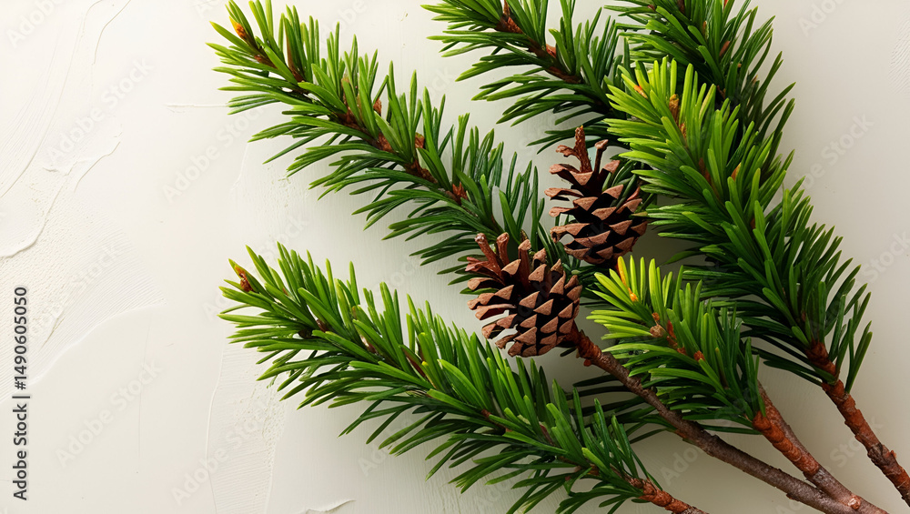 Obraz premium Close-up of pine branches with vibrant green needles clustered sharply together, accented by small brown cones nestled among the foliage