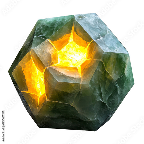 Glowing geometric crystal with warm, radiant light emanating from within