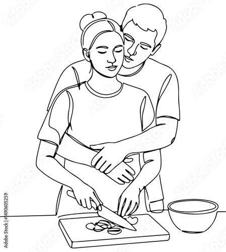 Couple lovingly prepares food together with one embracing the other from behind, line art drawing style. vector illustration