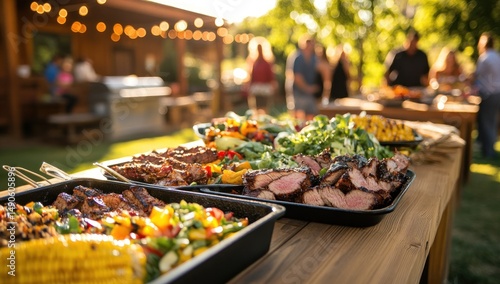 Delicious Grilled Meats and Summer Garden Buffet at an Outdoor Party