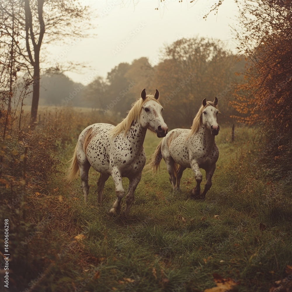 Fototapeta premium Two Spotted Horses Galloping Freely Through a Forest Glade in Autumn, Evoking a Sense of Wild Beauty and Untamed Spirit in a Misty, Natural Setting.