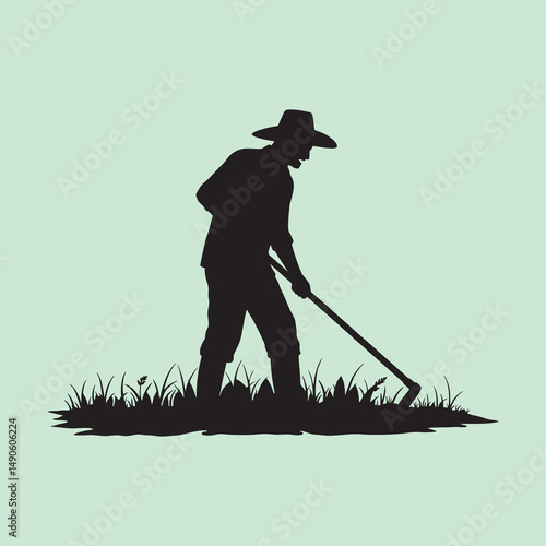 Sileut vector of a farmer carrying a hoe
