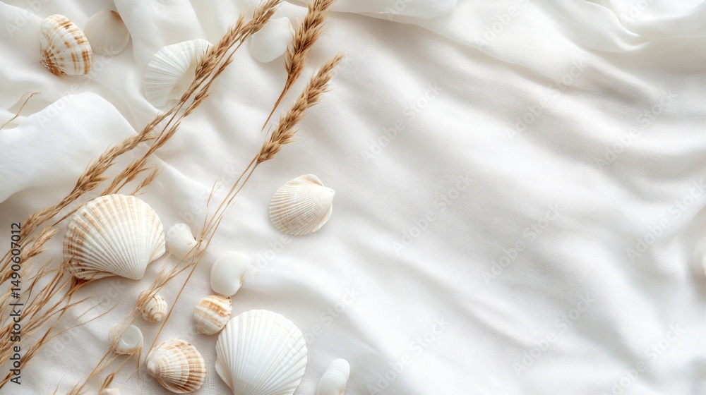 Obraz premium Elegant still life of natural elements on a soft white fabric background coastal inspired photography calm environment close-up view serenity