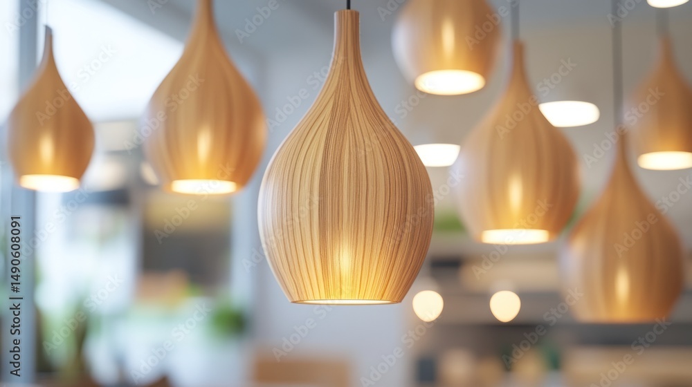 Fototapeta premium Warm Ambient Lighting: Wooden Pendant Lamps Illuminate Modern Interior