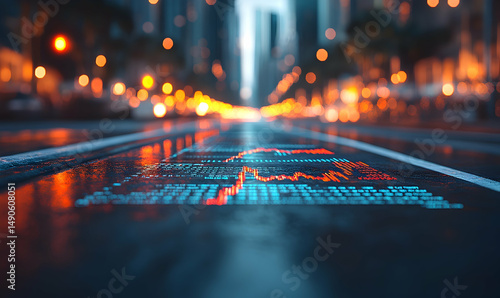 City street with bright lights & data graph reflection, creating a modern, tech-focused abstract scene