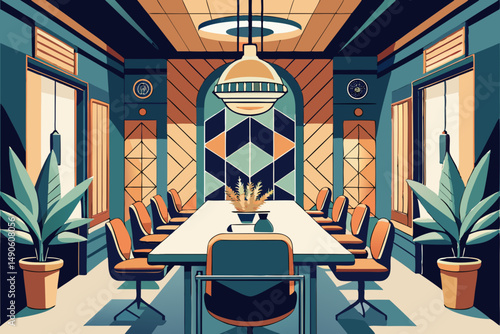 
High-end modern office meeting room with floor-to-ceiling glass windows offering a panoramic city skyline view. The stylish interior features a large wooden conference table, contemporary leather cha