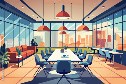 High-end modern office meeting room with floor-to-ceiling glass windows offering a panoramic city skyline view. The stylish interior features a large wooden conference table, contemporary leather chai