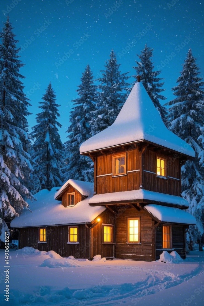 snowy cabin in the woods at night with lights on snowy cabin in the woods at night with lights on
