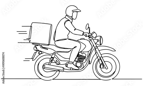 Delivery person riding a motorcycle with box on the back, line art drawing style. vector illustration