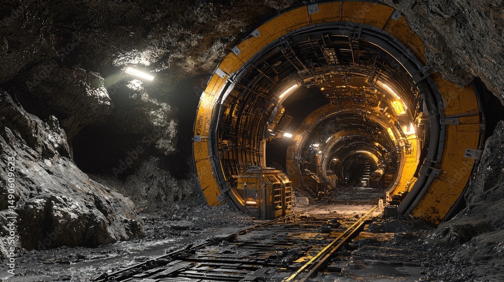 Fototapeta premium A subterranean passageway lined with industrial supports.