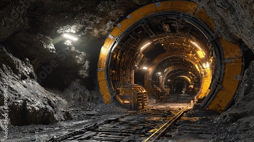 Fototapeta Naklejka Na Ścianę i Meble -  A subterranean passageway lined with industrial supports.