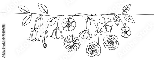 Flowers hang from a vine with surrounded by leaves, continuous line drawing