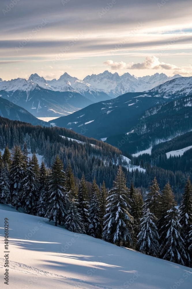 Fototapeta premium skiers on a snowy slope with mountains in the background