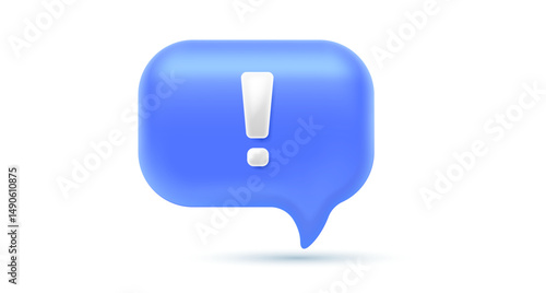 Vector illustration of realistic text speech bubble with exclamation mark. 3d cartoon style design of help information blue color speech bubble. Social media symbol of communication and support icon