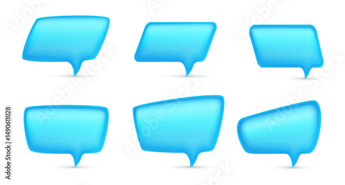 Vector illustration of set of realistic different size shape speech bubble on white background. 3d cartoon style design of blue color text speech bubble. Social media symbol of communication icon