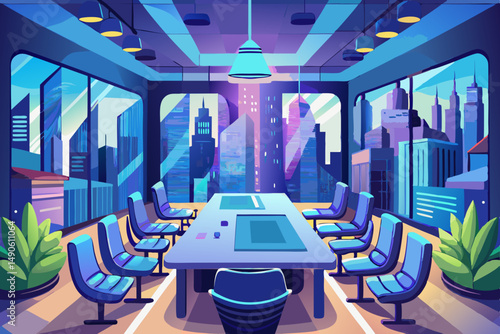 High-end modern office meeting room with floor-to-ceiling glass windows offering a panoramic city skyline view. The stylish interior features a large wooden conference table, contemporary leather chai