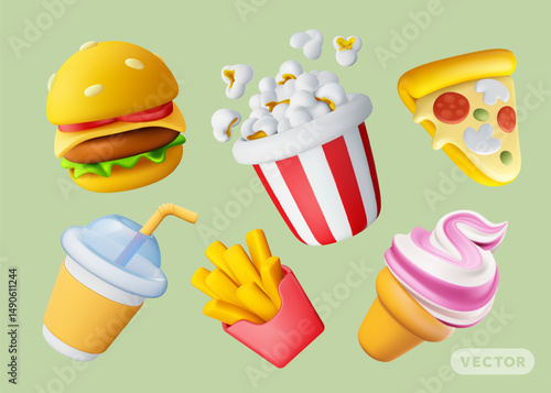 French fries, ice cream, burger, pizza, pop corn and cola. 3d style design of fast food fries, ice cream, pop corn, pizza, hamburger and soda. Vector illustration of realistic set of fast food icon