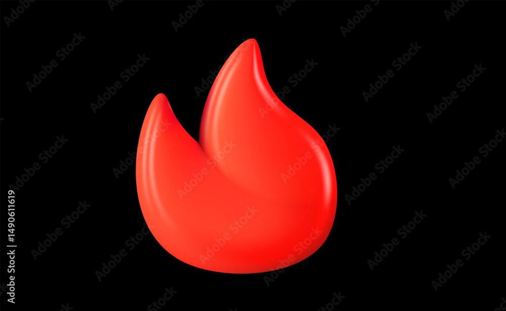 Obraz premium Vector illustration of red color glossy emoji fire on black background. Bonfire or campfire flame symbol. 3d cartoon style design of burning flame of fire