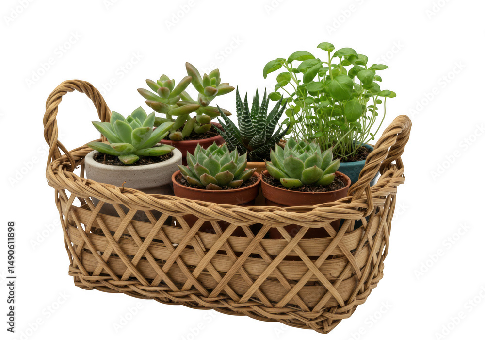 Succulents and herbs in a basket isolated on transparent background Succulents and herbs in a basket isolated on transparent background