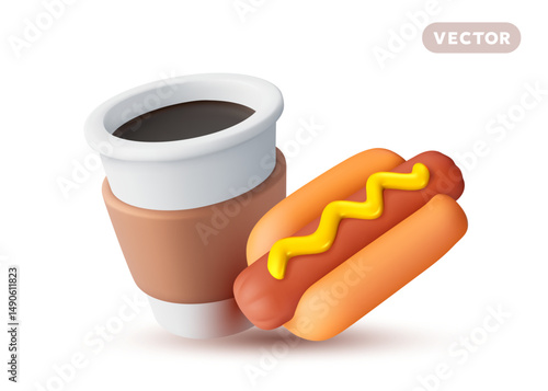 Vector illustration of realistic paper coffee cup and hot dog with mustard sauce. 3d style cartoon design of takeaway coffee cup with roast sausage in bun. Street meat fast food and drink