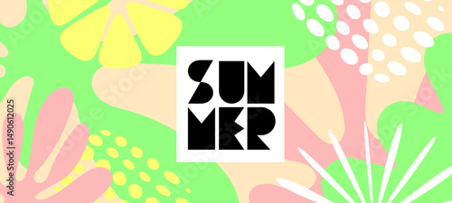 Vector creative seasonal illustration of summer geometric background with tropical leaves and shape. Flat cartoon style design of template with summer text label and abstract spot