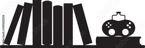 Books and Video Game Controller on Shelf