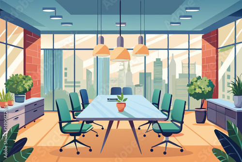 High-end modern office meeting room with floor-to-ceiling glass windows offering a panoramic city skyline view. The stylish interior features a large wooden conference table, contemporary leather chai