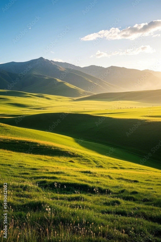 Obraz premium arafed view of a green field with a mountain in the distance