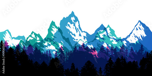 Mountain with forest silhouette border. Vectot colorful design element in overprint style.