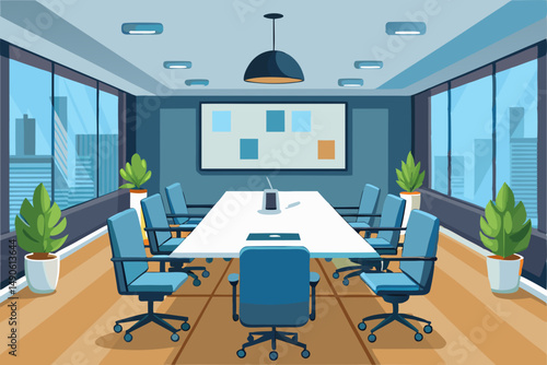 High-end modern office meeting room with floor-to-ceiling glass windows offering a panoramic city skyline view. The stylish interior features a large wooden conference table, contemporary leather chai