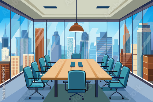 High-end modern office meeting room with floor-to-ceiling glass windows offering a panoramic city skyline view. The stylish interior features a large wooden conference table, contemporary leather chai