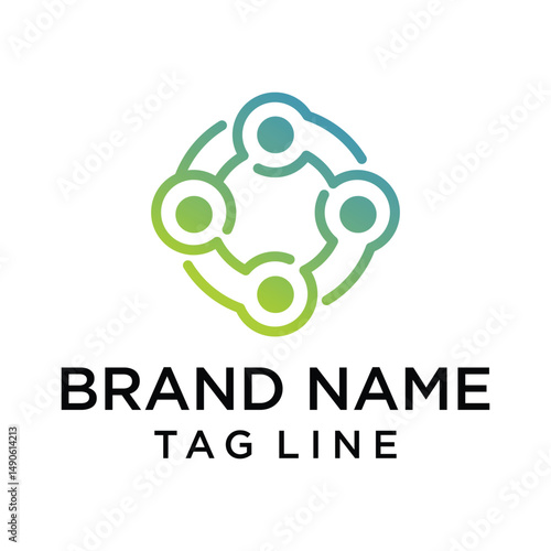 A dynamic and modern logo featuring interconnected circular elements in a gradient of blue and green, forming a central abstract shape. Represents connection, network, and growth. Ideal for tech or co