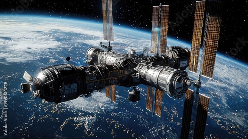 Fototapeta Naklejka Na Ścianę i Meble -  Large space station orbits a planet in the night sky.