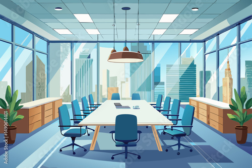 High-end modern office meeting room with floor-to-ceiling glass windows offering a panoramic city skyline view. The stylish interior features a large wooden conference table, contemporary leather chai