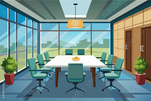 High-end modern office meeting room with floor-to-ceiling glass windows offering a panoramic city skyline view. The stylish interior features a large wooden conference table, contemporary leather chai