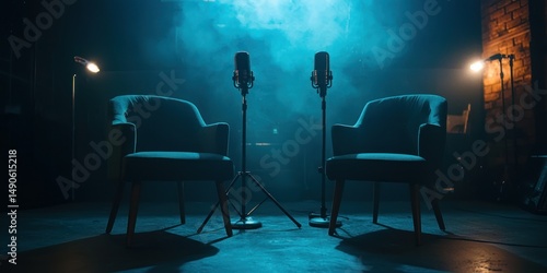 Stylish podcast interview setup with two microphones and chairs against a dark background Stock photo