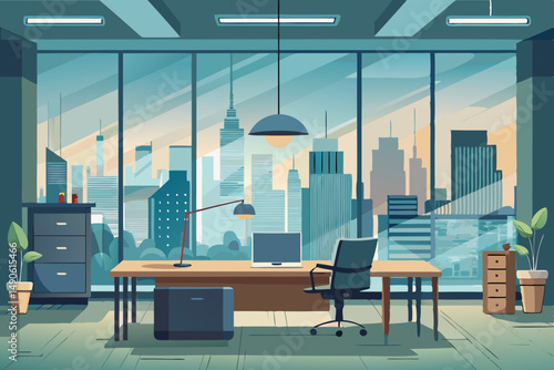 High-end modern office meeting room with floor-to-ceiling glass windows offering a panoramic city skyline view. The stylish interior features a large wooden conference table, contemporary leather chai