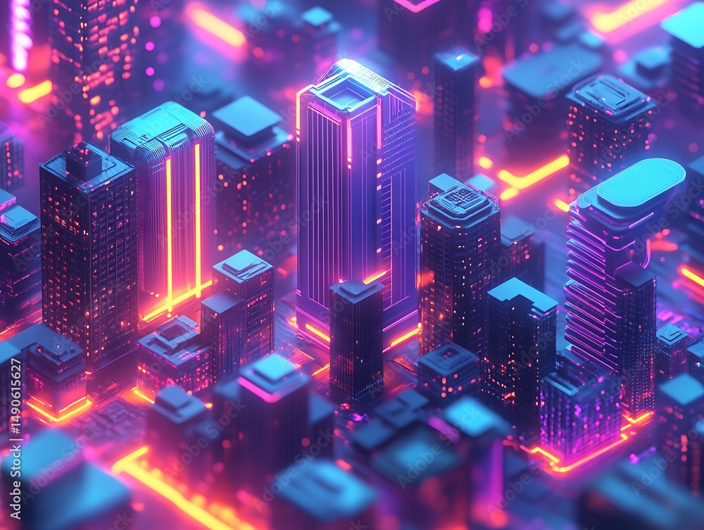Obraz premium Futuristic cityscape illuminated with vibrant neon lights and detailed textures