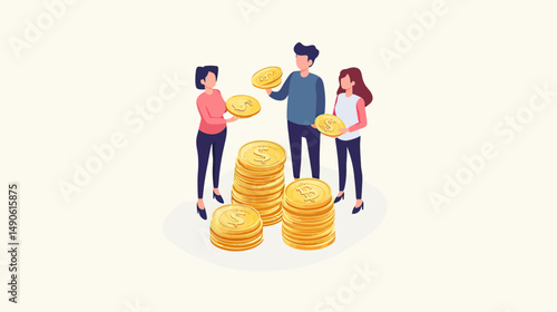 Three people holding gold dollar coins standing near multiple stacks of gold coins financial investment saving business concept flat isometric vector illustration