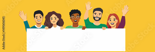 Group of diverse young people waving hands together behind large blank white sign on yellow background cheerful multicultural friends greeting with happy facial expressions vector illustration